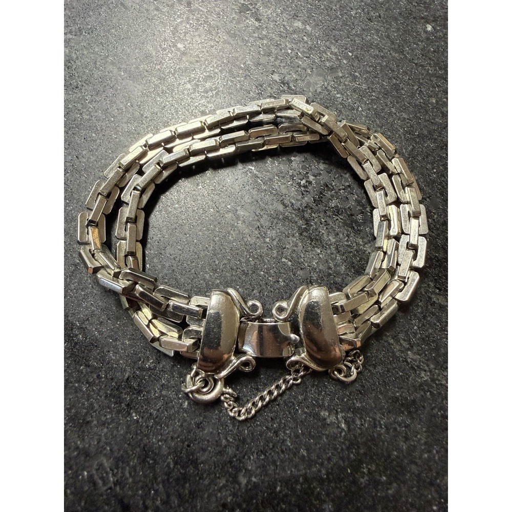 Vintage Signed KRAMER Silver Tone Multi Strand Gate Link Bracelet 7" Mid Century - Picture 2 of 7